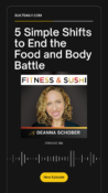 Promotional graphic for the Fitness & Sushi podcast featuring Deanna Schober. The title reads “5 Simple Shifts to End the Food and Body Battle.” The image includes a headshot of Deanna smiling, with the text “with Deanna Schober” below her photo. It also displays “Episode 286” and a yellow button that says “New Episode.” BuiltDaily.com is listed at the top.