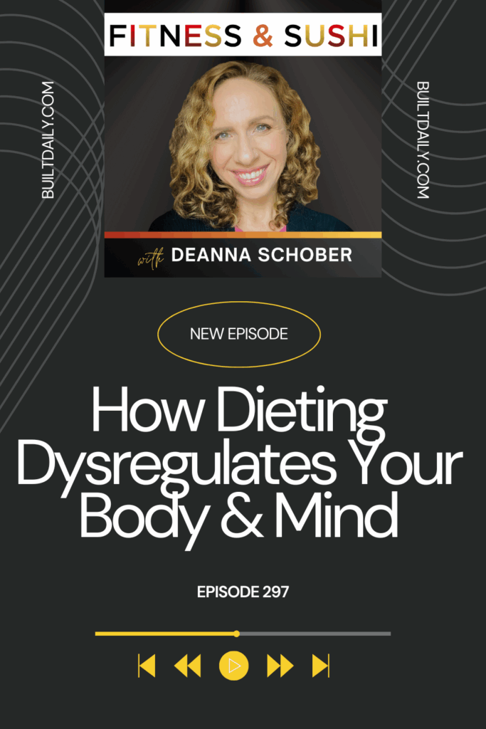 Podcast cover graphic for Fitness & Sushi with Deanna Schober. Text reads: New Episode – How Dieting Dysregulates Your Body & Mind, Episode 297. Features a headshot of Deanna Schober at the top with the Fitness & Sushi logo and website builtdaily.com. Design includes yellow play and navigation icons at the bottom.